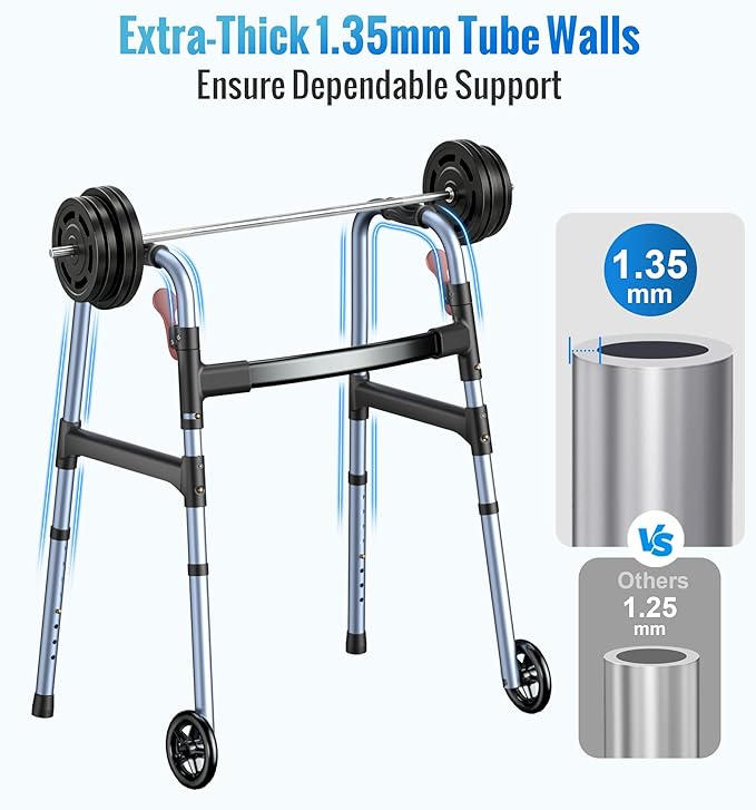 HOMLAND Standard Walkers for Seniors, 6.5lb Lightweight Foldable Walker | One-Hand Folding, 8 Height Adjustments, 350lb Capacity, Easy to Assemble, 2 Skis, 5" Wheels, Aluminum Frame, Ocean Blue
