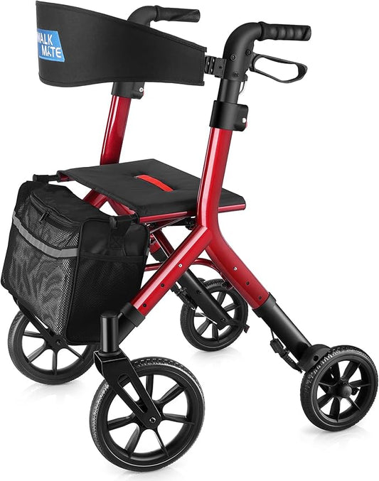 WALK MATE Rollator Walker for Seniors Taller 5.3~7ft with Height-Adjustable Seat, 10 Inch Wheels Wire-Hidden Walkers Compact Folding Design Lightweight Mobility Walking Aid Widen Backrest, Red