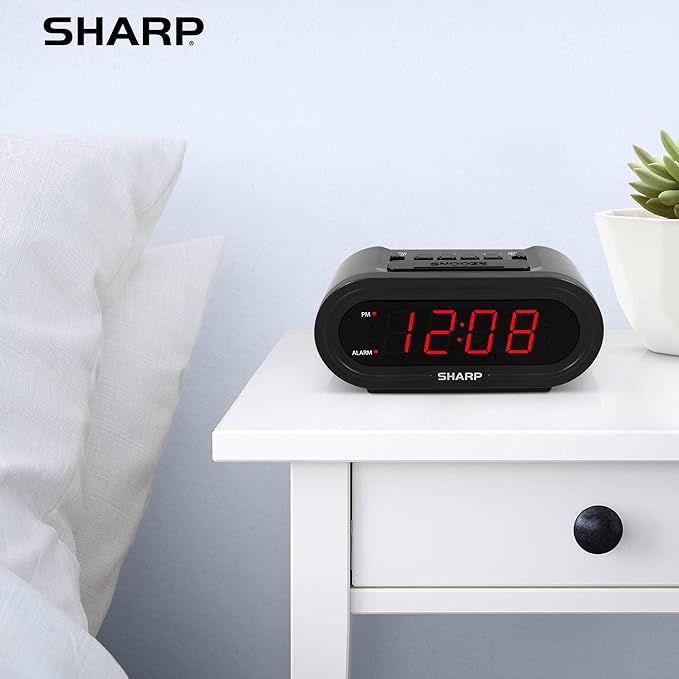 Sharp AccuSet Automatic Smart Alarm Clock – Self-Setting Digital Clock, Auto Time & DST Adjustment, Easy-Read Red LED Display, Battery Backup, Simple Plug-and-Play Clock for Seniors & Bedrooms