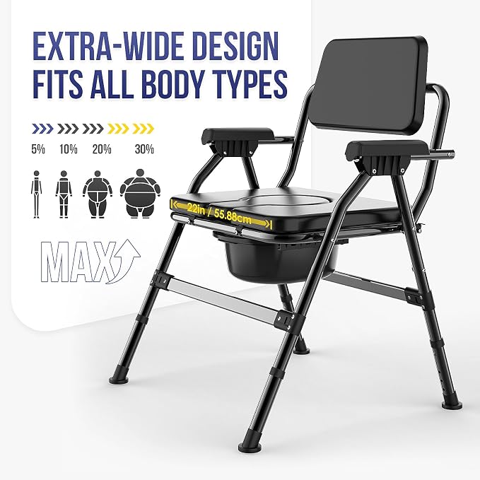 Extra Wide Bariatric Bedside Commode Chair, 600 lb Heavy Duty Portable Toilet for Adults & Seniors, Foldable Commode Chair with Tool-Free Assembly, Enlarged Seat, Bucket & Lid for Elderly Disabled
