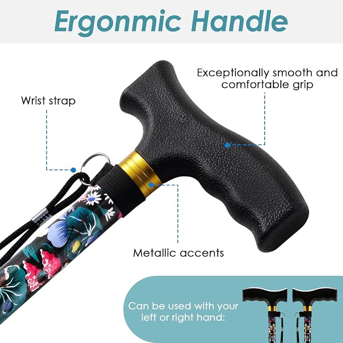 Walking Cane PANZHENG Cane for Man/Woman | Mobility & Daily Living Aids | 5-Level Height Adjustable Walking Stick | Comfortable Plastic T-Handle Portable Walking Stick Folding Cane