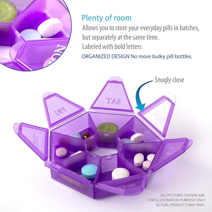 Deke Home - Small Weekly Pill Organizer, Round Pill Dispenser for Travel, Mini Pill Organizer, Compact Medicine Holder, Pill Sorters 7 Days, Portable Vitamin Container, BPA Free (Food Grade)