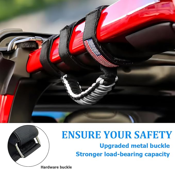 2PCS Car Roll Bar Grab Handles, Oxford Cloth American Flag ATV Paracord Grip Handle with Metal Buckle, Heavy Duty UTV Roll Cage Grab, Compatible with Wrangler JL, JT, JK (White)