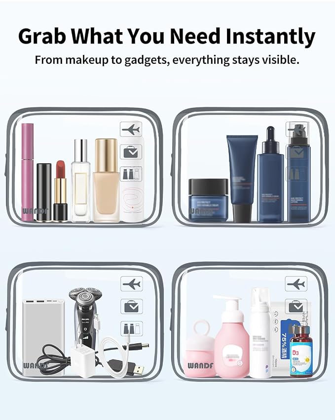 WANDF TSA Approved Toiletry Bag, 2 Pack Clear Makeup Bag | Quart Size, Airport Carry-On, TSA Liquids Travel Bag, Clear PVC, Women Men Travel Essentials