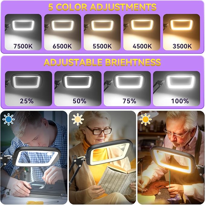 10X 30X Extra Large Magnifying Glass with Light and Stand,7-inch Lighted Magnifier,5 Color Modes Stepless Dimmable,Rectangle Hands-Free Magnifying Glass Desk Lamp for Reading Craft Hobby Close Work LB | 5 Color Modes Dimmable,Lighted Magnifier,Rectangl...