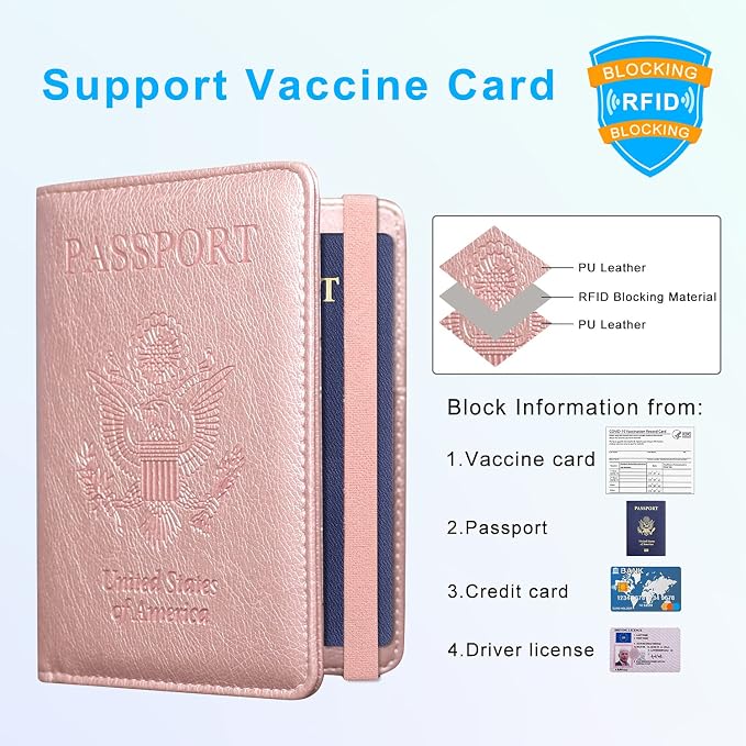 ACdream Passport and Vaccine Card Holder Combo, Cover Case with CDC Vaccination Card Slot, Leather Travel Documents Organizer Protector, with RFID Blocking, for Women and Men, AA-Rose Gold, Compact