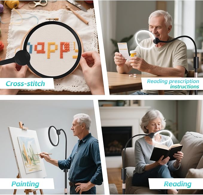10X Floor Magnifying Glass with Light and Stand with Glass Lens, Magnifying Floor Lamp with Light Adjustable Height, 3 Color Modes, 360° Flexible Gooseneck Hands Free Magnifier for Close Work