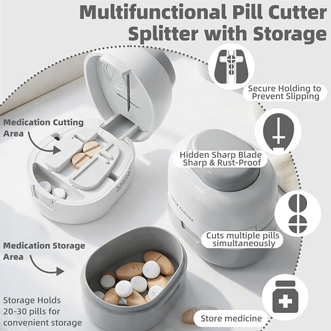Pill Cutter Splitter with Storage Box, Adjustable Vertical Press Pill Splitter for Small/Tiny Pills Vitamins Tablets, 1/2 & 1/4 Precise Cutting, Hidden Sharp Blade, Multi-Pill Cutting(Off-White)