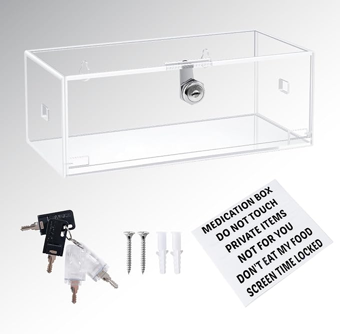 LifeLAZA Acrylic Refrigerator Lock Box, Medication Lock Box With 4 Key, Wall Mount Clear Safe Lockbox with Labels for Phone, Fridge, Food, Medicine
