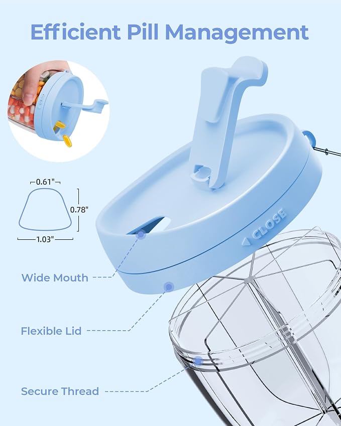 AMOOS Cute Pill Dispenser with 7 Large Compartments, Portable Pill Bottle Organizer with Wide Opening for Easy Use, Anti-Mix Pill Organizer for Travel, BPA-Free Pill Container, Blue