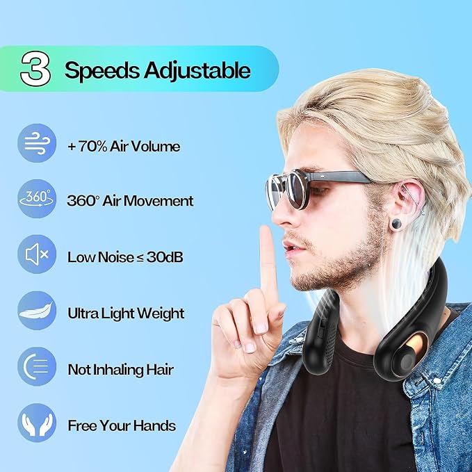 KIDEE Portable Neck Fan, 4000mAh Rechargeable, 360° Airflow, Hands Free Bladeless Wearable Fan, 2 Pack, Black