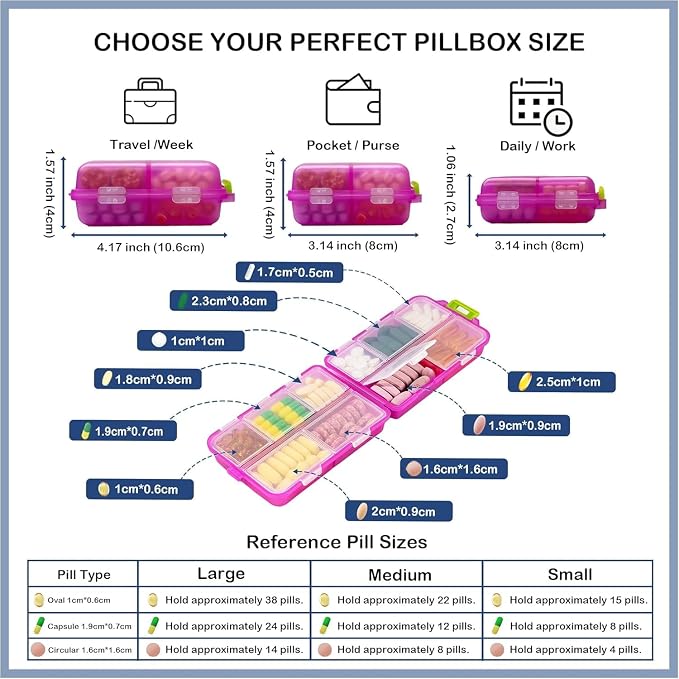 3 Pack Extra Large Pill Organizers with Medicine Labels, Pink Blue Purple | Includes 3 extra large cases with 3x161 labels and 10 compartments each for 7-day planning and travel