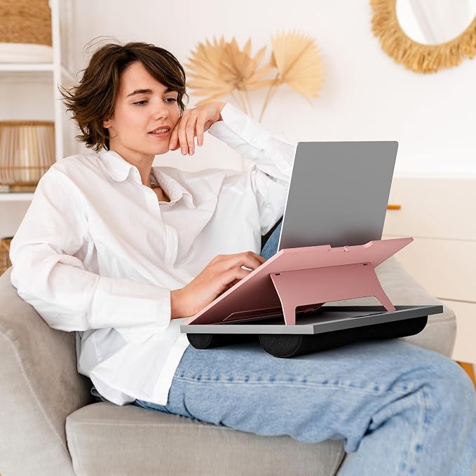 HUANUO Adjustable Lap Desk - with 8 Adjustable Angles & Dual Cushions Laptop Stand for Car Laptop Desk, Work Table, Lap Writing Board & Drawing Desk on Sofa or Bed, Pink | Dual-cushion base, carry handle, 30% thicker for durability, wider anti-slip led...