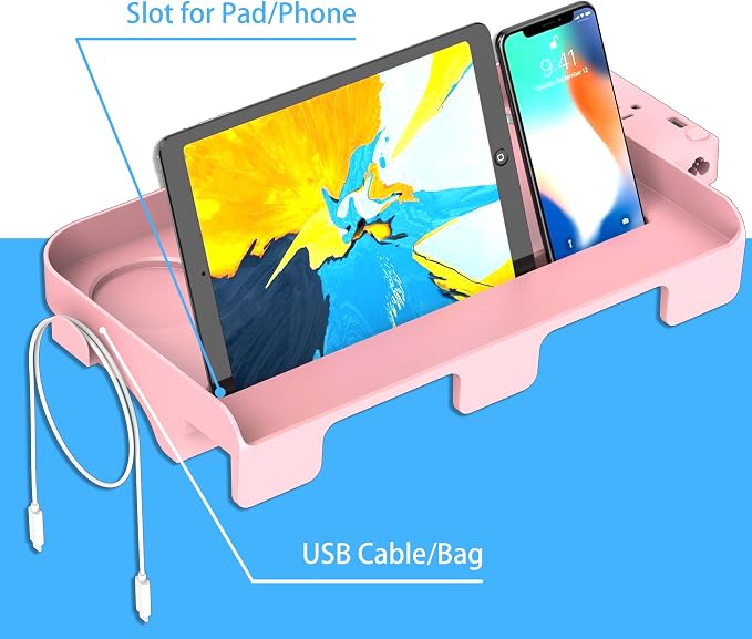 Hiree Bedside Shelf for Dorm Bunk Bed with USB Charging Port and 2 AC Outlets, Bed Side Table Tray Organizer, College Dorm Essential, Clip On Bedside Tray, Cool Teen Girls Trendy Stuff (Pink)