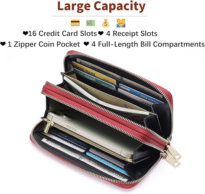 GOIACII Women's Wallet Large Capacity Double Zip Ladies Card Phone Holder RFID Blocking Wristlet Leather
