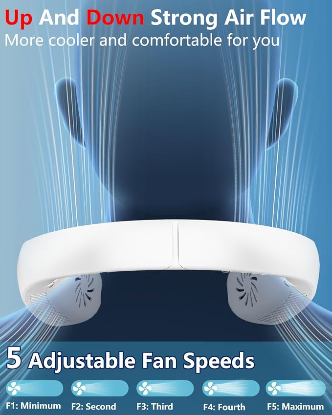 Portable Neck Fans with Mist, Rechargeable 4-9H Lasting Neck Cooling that Blow Cold Air, 5 Speeds & LED display, USB-C Bladeless Folding Personal Mister for Kid Adult Indoor Outdoors Sports, White