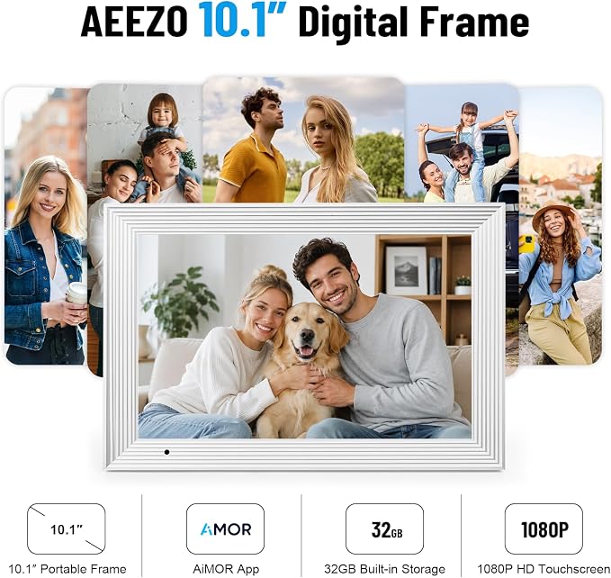 AEEZO Digital Picture Frame, 10.1'' WiFi Electronic Photo Frames with 32GB Memory, 1280 * 800 IPS HD Touch Screen, Auto-Rotate Easy Setup via AiMOR APP, Gifts for Parents and Grandparents White