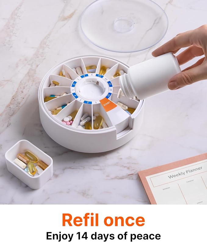 Pill Dispenser 14 Day – Rotating Medicine Organizer Wheel with Push Button, Wall Mounted or Desktop Manual Pill Dispenser for Elderly & Seniors, Large Capacity Vitamin & Medication Organizer