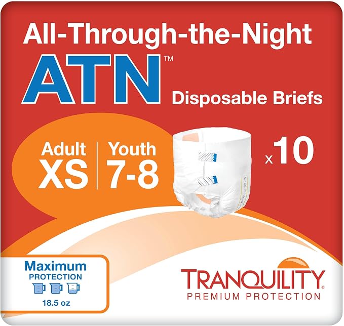 Tranquility Premium ATN Disposable Briefs with Tabs, Overnight Protection Superabsorbent Core for Leak-Free and Full-Fit Comfort, X-Small 10ct Bag