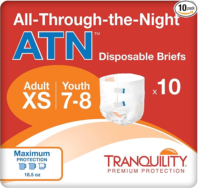 Tranquility Premium ATN Disposable Briefs with Tabs, Overnight Protection Superabsorbent Core for Leak-Free and Full-Fit Comfort, X-Small 100ct Case