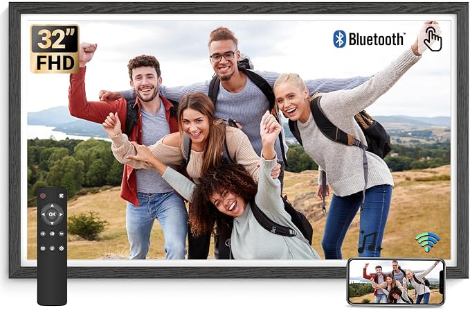 BSIMB 32 Inch Large Digital Picture Frame, Touchscreen 64GB 1920x1080 FHD WiFi Photo Frame Electronic Display Remote Control, Share Pictures/Videos via App/USB/SD Easy Setup Gifts for Mom, Black Wood