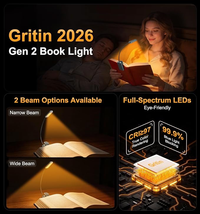 Gritin 2026 Gen 2 Book Light for Reading- 30 Eye Caring Full Spectrum LED | 5 Colors & 5 Brightness, Adjustable Wide/Narrow Beam, Upgrade 1500mAh Long-Lasting Rechargeable Clip on Light-Sea Blue