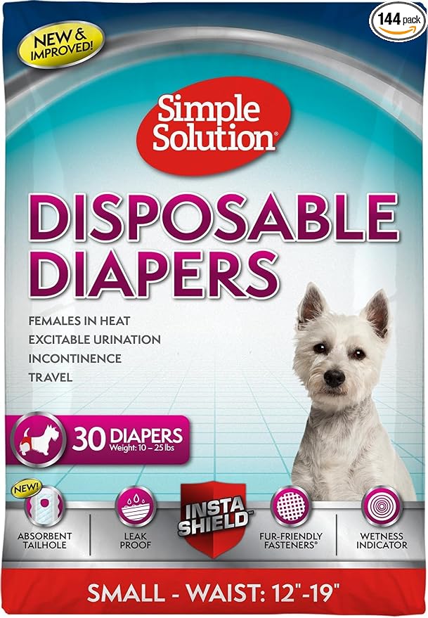 Simple Solution Female Dog Diapers – Disposable Diapers for Potty Training, Incontinence, and Heat Cycle Protection_Leak-Proof Fit for Small Dogs, 12–19 Inch Waist – 30 Count (Pack of 12)