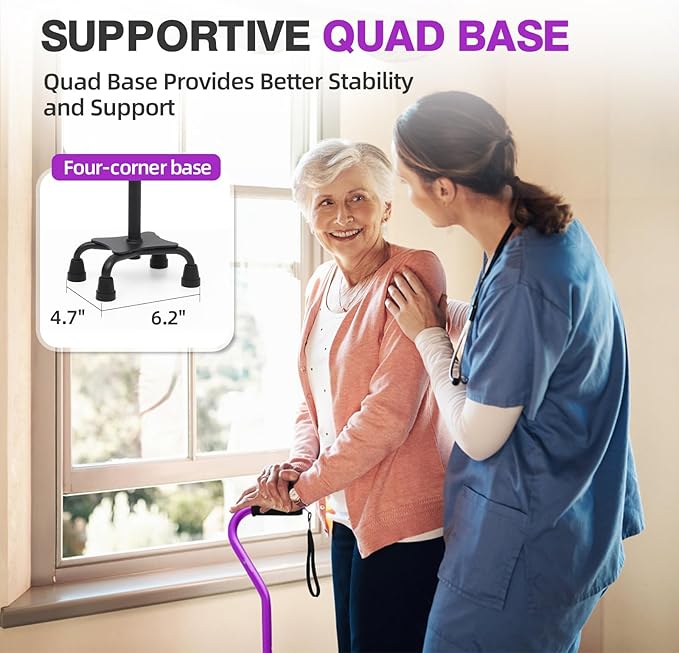 BeneCane Quad Cane Adjustable Walking Cane with Offset Soft Cushioned Handle for Men & Women Lightweight Comfortable with 4-Pronged feet for Extra Stability