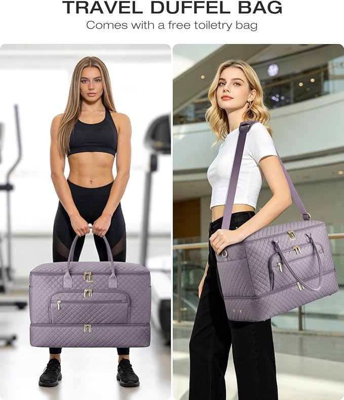 Travel Duffle Bag, Wide Open Large Weekender Bag for Women with Shoe Compartment, Carry on Overnight Bags with Toiletry Bag, Hospital Bag for Women Labor Delivery with Wet Pocket (Purple Grey)