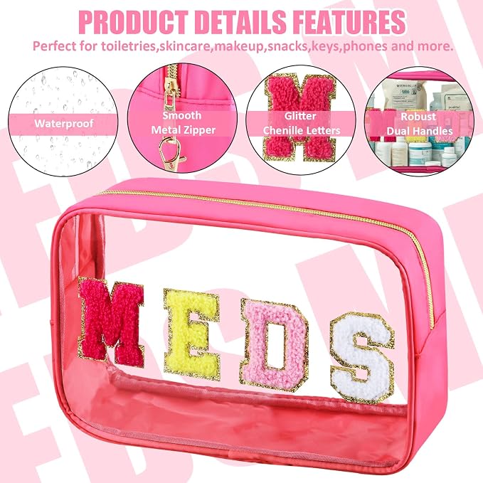 BuyCard 2 Pcs Medicine Bag Chenille Letter Preppy Clear Makeup Meds Bag for Travel - Nylon & PVC Transparent Cosmetic Toiletry Storage Pouch for Women Girls - Rose Red