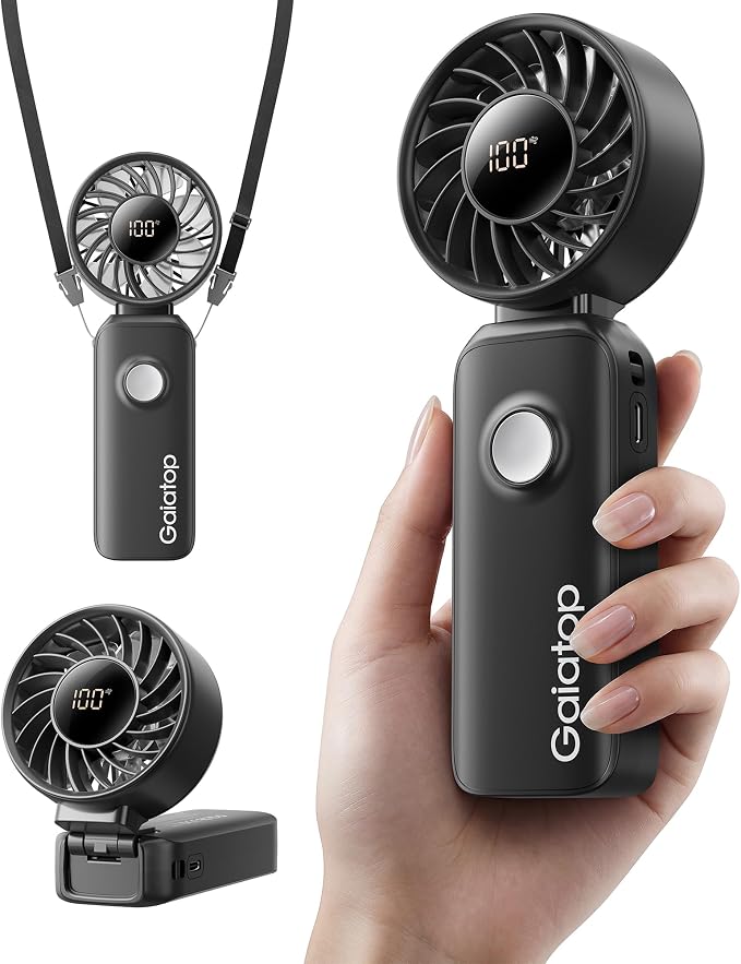 Gaiatop Portable Handheld Fan, 5 Speed Rechargeable Battery Max 18 Working Hours, 3 IN 1 Neck/Desk/Hand Fan Cooling for Travel, Beach, Women/Men Outdoor Activities Gifts - Black