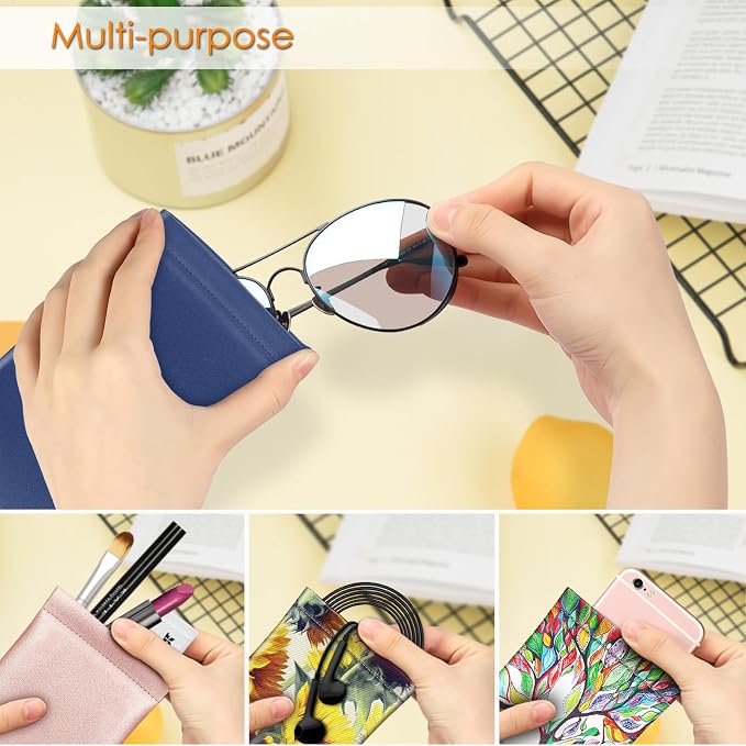 FINTIE Soft Eyeglasses Case with Cleaning Cloth, Portable Squeeze Top Vegan Leather Glasses Pouch, Sunglasses Eyewear Bag