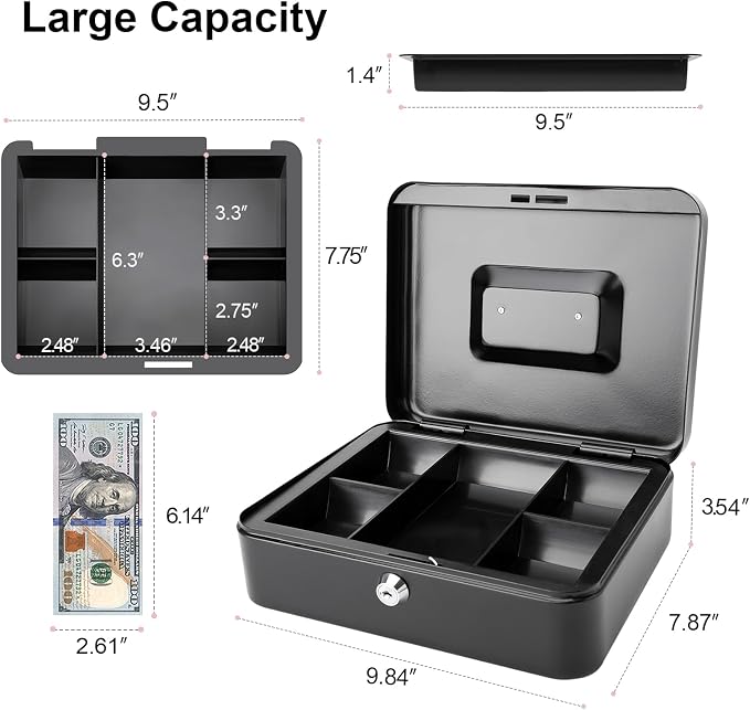 Jssmst Cash Box with Key Lock, Money Box with Cash Tray, Lock Box, Black, Large
