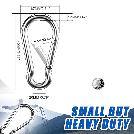 Large Carabiner Clip Hooks, 6pcs 5.5 inch Carabiners Heavy Duty, 304 Stainless Steel Spring Snap Hook Fits Camping Hanging Hiking Weight Lifting, Metal Clips for Rope or Chain