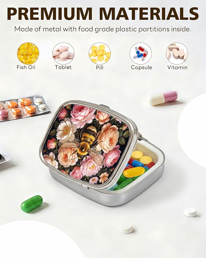 LRITER Pill Case, 2 Compartment Portable Small Travel Pill Organizer for Purse and Pocket, Stylish Medicine Case with Multiple Patterns, Daily Pillbox for Home & Travel (Bee)