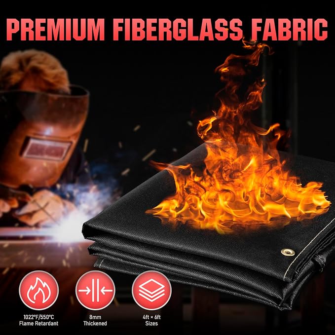 YESWELDER Heavy Duty Silicone Coating Fiberglass Welding Blanket, 6 x 8ft Fireproof Insulation Blanket, 1/3”(8mm) Thickened Weld Cover with Grommets, Thermal Resistant Welding Curtain Mat Grill