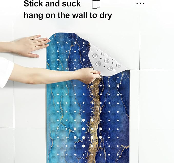 LNOND Marble Bath Tub Mat Non Slip, Extra Long 40 X 16 Inch Anti Slip Mat for Bathtub, Blue Gold Marble Shower Mat with Drain Holes and Suction Cups, Machine Washable