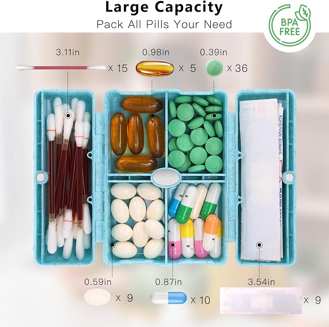 FYY Travel Pill Organizer with Blank Lables,6 Compartments Magnetic Pill Organizer Pill Box for Purse Pocket to Hold Vitamins,Cod Liver Oil,Supplements and Medication-Blue