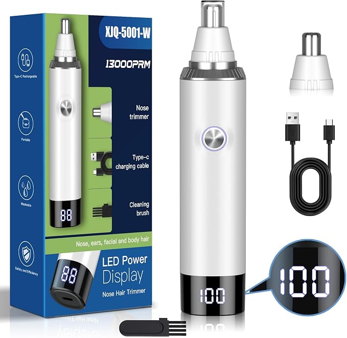 Ear and Nose Hair Trimmer for Men and Women, Painless USB Rechargeable Electric Facial & Eyebrow Hair Remover with LED Display, Dual-Edge Blades for Smooth,13000 RPM Motor IPX7 Waterproof (White)