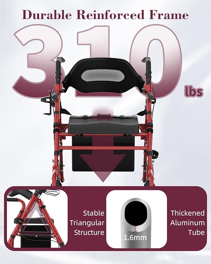 Walkers for Seniors with Seat, 2 in 1 Rollator Walker & Transport Chair with Reversible Backrest & Detachable Footrests, Folding Wheelchair with 8" Anti-Slip PU Wheels, Red