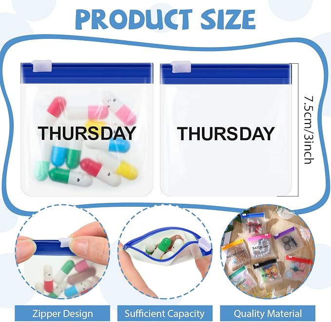 Sherr 35 Pcs Pill Pouch Bags with Zipper Pill Pouch Set Travel Reusable Translucent Medicine Organizer Self Sealing Plastic Bag with Slide Lock for Storage(Cute Colors,3 x 3 Inch,Week Style)