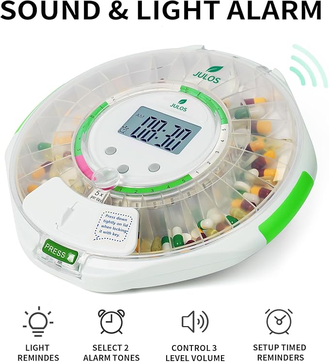 JULOS 28-Day Automatic Pill Dispenser with Audio & Visual Alerts for Elderly, up to 6 Alarms/Day, Easy-Read LCD Display, 9 Dosage Templates, Lock Medicine Dispenser for Medication, Vitamins, Clear Lid