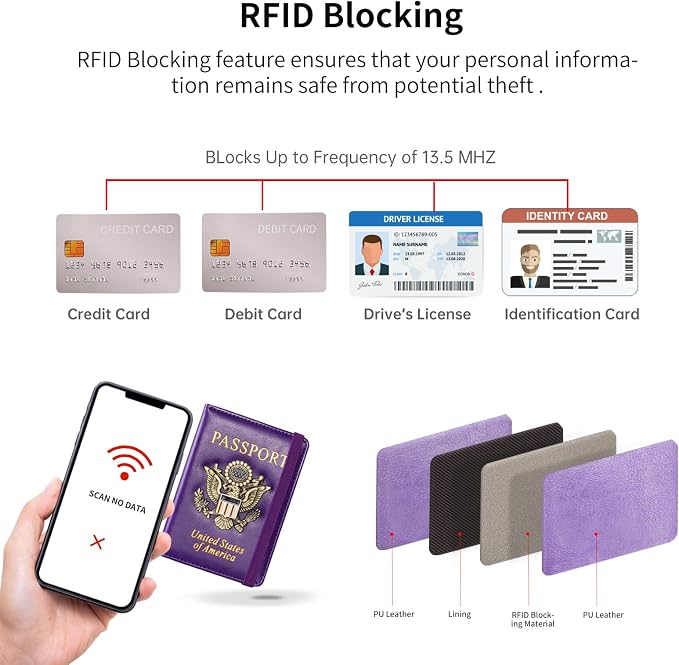 Passport Holder and Card Slot Combo RFID Blocking Leather Travel Passport Wallet for Men and Women US Passport Cover, Purple