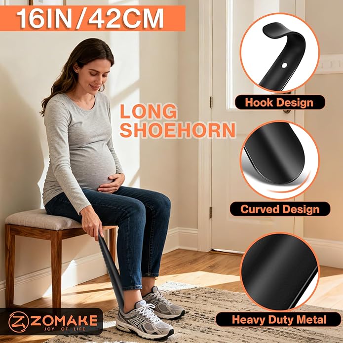 ZOMAKE Shoe Horn Long Handle for Seniors Men Women,16.5" Metal Long Shoehorn for Boots Shoe Spoon Helper