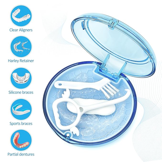 Retainer Case Slim Aligner Case with Vent Holes Cute Dental Brace Box with Retainer Removal Tool and Brush Compatible with Night Guard and Mouth Guard (Clear Blue)