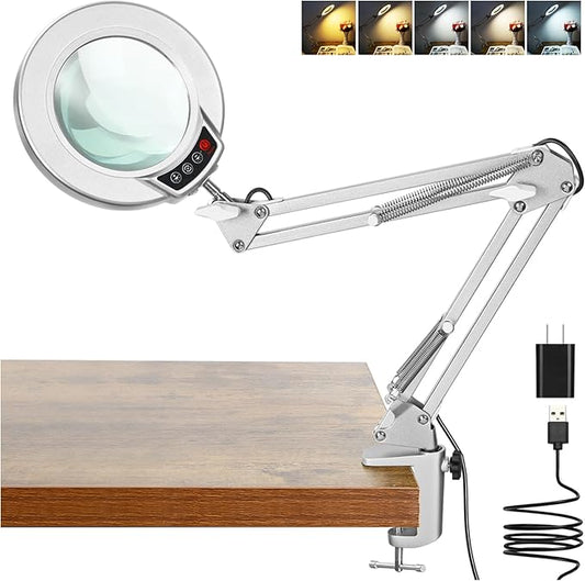 10X Magnifying Glass with Light and Clamp, Real Glass Stand Lighted Magnifier, 5 Color Modes Stepless Dimmable LED Desk Lamp Hands Free for Crafts Hobby Reading Painting Close Work - Silver