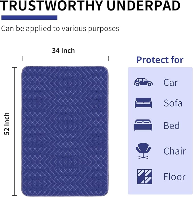 Washable Pads for Beds for Incontinence Adults-Extra Large XXL 34x52 Inch (Pack of 2) - Blue Hide Stains - Waterproof Underpads for Elderly - Reusable Bed Pad for Bedwetting