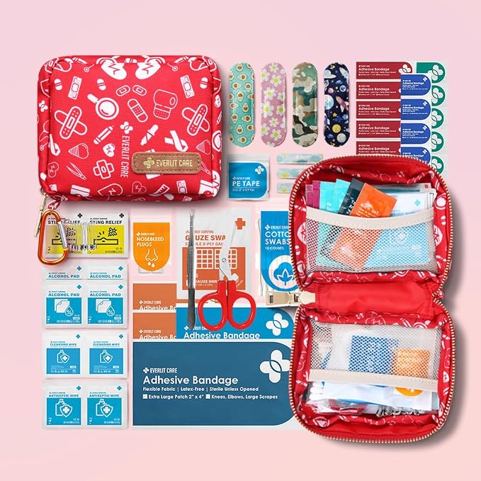 EVERLIT Mini Rescue Pack | 105 Medical Essentials Organized in Portable Storage Bag | Pocket Size Kids First Aid Kit with D Ring | Small Family-Friendly Travel Medical Kits