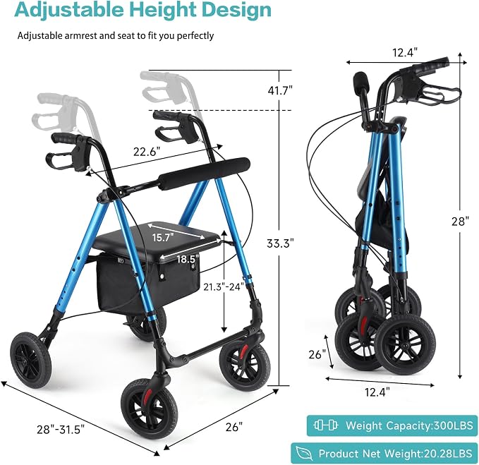 Foldable Rollator Walker for Seniors with Seat,4 Wheel Rolling Walkers | 300lbs walker with tray for Adults & Mobility Impaired|8" Airless Tires|Anti-tip brakes|Adjustable height|Tool-Free Assembly