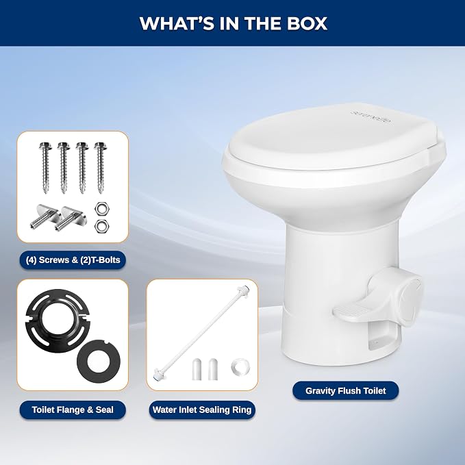 SereneLife RV Gravity Flush Toilet with Foot Pedal and Hand Sprayer | T-Type Full-Bowl Flush Coverage With Odor-Resistant Sealing For RVs, Boats, Campers, Trailers And Marine Bathrooms
